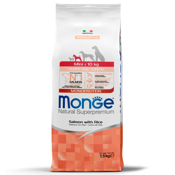 7,5кг Корм Monge Puppy&Junior Mini SP Monoprotein Salmon/Rice для щенков мелких пород с 2 месяцев с Лососем и рисом
