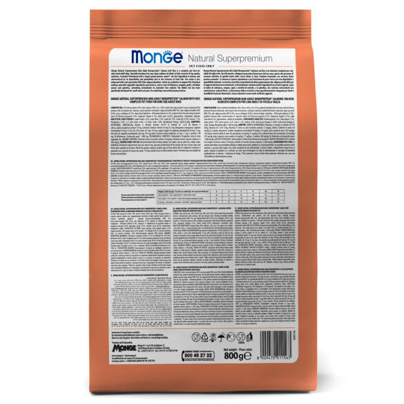 0,8кг Корм Monge Dog SP Monoprotein Mini Adult Salmon/Rice для взрослых собак мелких пород с Лососем и рисом