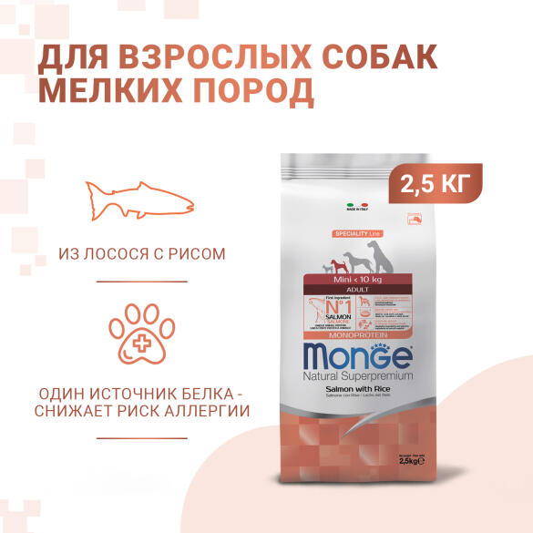 2,5кг Корм Monge Dog SP Monoprotein Mini Adult Salmon/Rice для взрослых собак мелких пород с Лососем и рисом