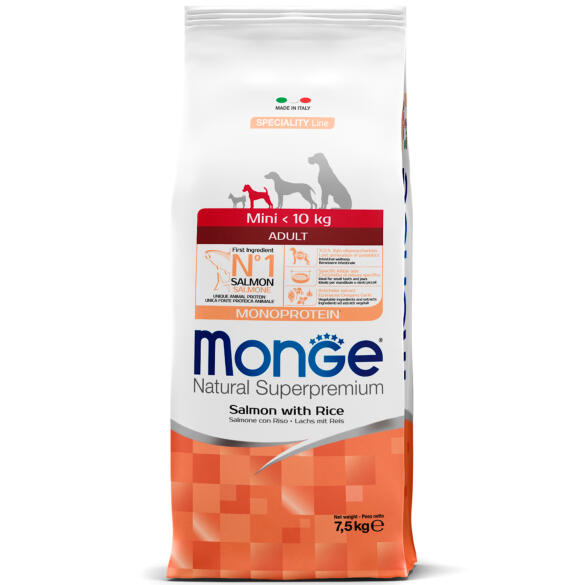 7,5кг Корм Monge Dog SP Monoprotein Mini Adult Salmon/Rice для взрослых собак мелких пород с Лососем и рисом