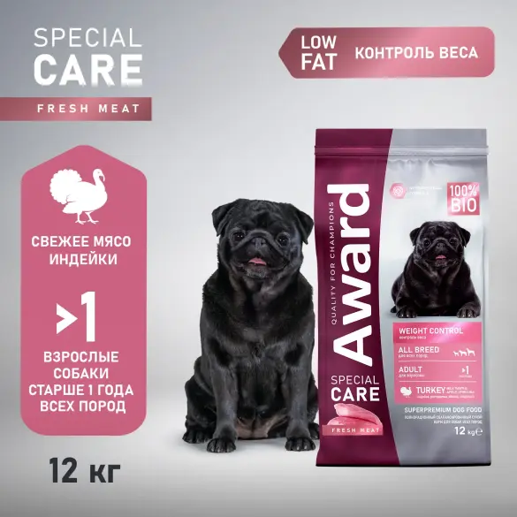 12кг Корм Award SPECIAL CARE Weight Control для взрослых собак всех пород для контроля веса со свежим мясом Индейки
