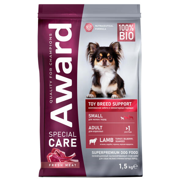 1,5кг Корм Award SPECIAL CARE Toy Breed Support для взрослых собак мелких и миниатюрных пород со свежим мясом Ягненка