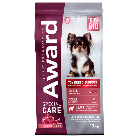 10кг Корм Award SPECIAL CARE Toy Breed Support для взрослых собак мелких и миниатюрных пород со свежим мясом Ягненка