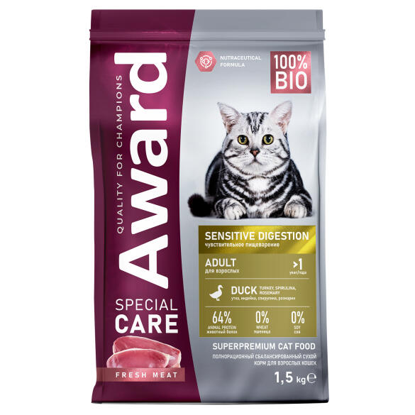 1,5кг Корм Award SPECIAL CARE Sensitive Digestion для взрослых кошек с чувствительным пищеварением со свежим мясом Утки