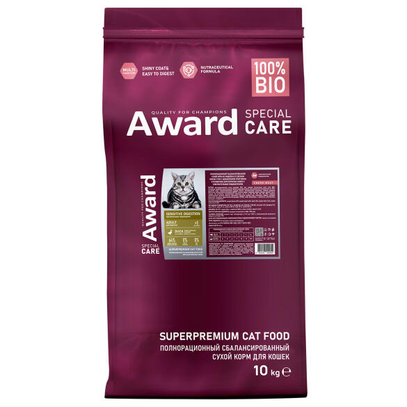 10кг Корм Award SPECIAL CARE Sensitive Digestion для взрослых кошек с чувствительным пищеварением со свежим мясом Утки