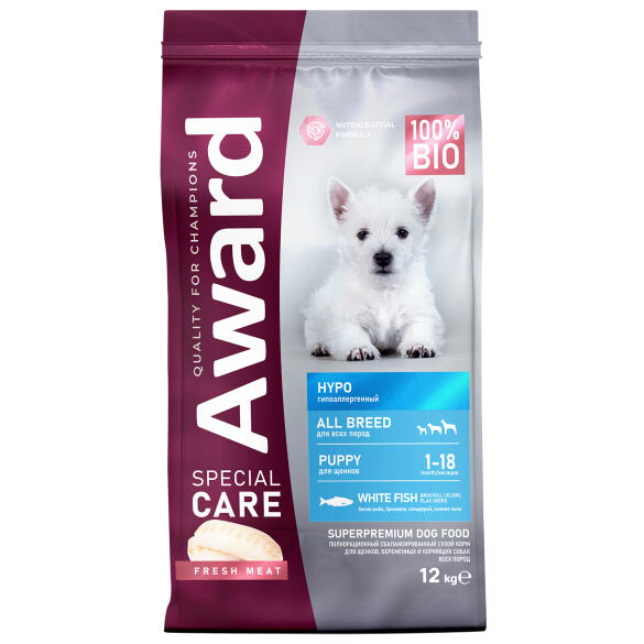 12кг Корм Award SPECIAL CARE HYPO PUPPY для щенков от 1 месяца, беременных и кормящих собак всех пород, склонных к аллергии со свежей белой Рыбой