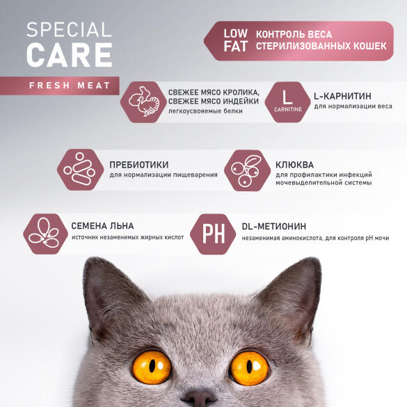 10кг Корм Award SPECIAL CARE Weight Control для взрослых стерилизованных кошек для контроля веса со свежим мясом Кролика