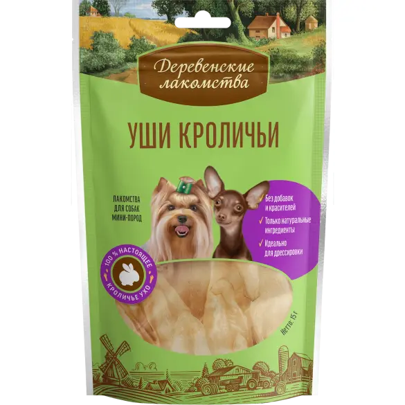 90г Лакомство "Деревенские лакомства" для собак всех пород Кроличьи уши с мясом утки