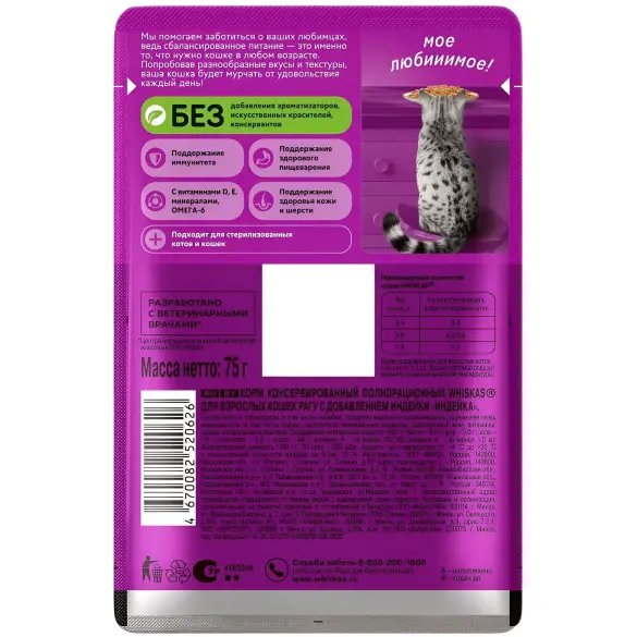 75г Влажный корм Whiskas для кошек рагу с Индейкой