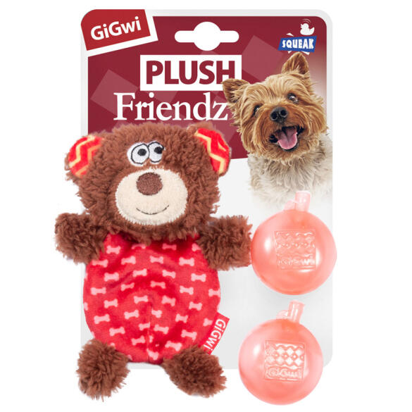 Игрушка Gigwi PLUSH FRIENDZ для собак Мишка со сменными пищалками, 13см