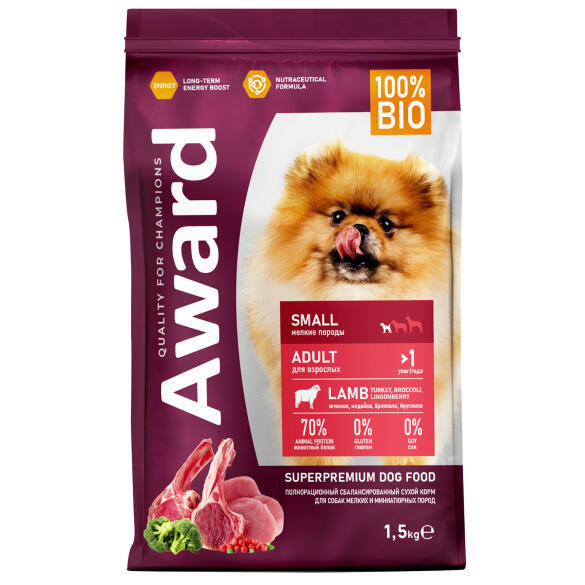 1+1 1,5кг Корм Award для взрослых собак мелких и миниатюрных пород с Ягненком и Индейкой с добавлением брокколи и брусники