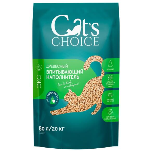 Наполнитель древесный впитывающий Cat's choice, 80л (20кг)