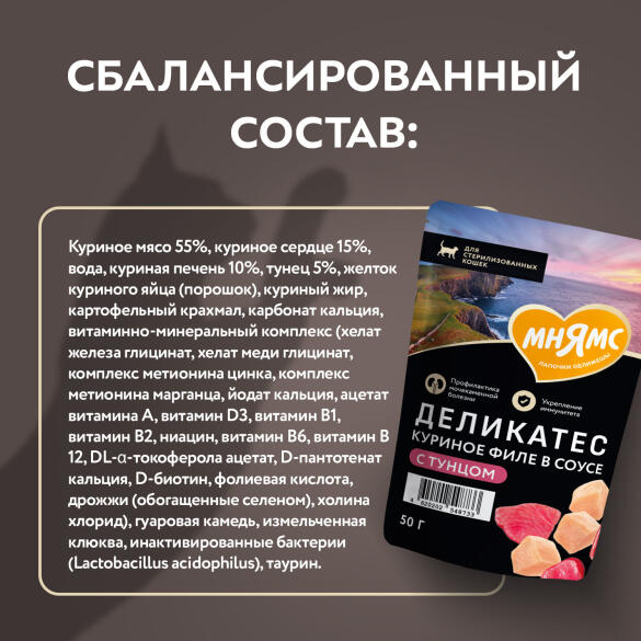 50г Влажный корм Мнямс Деликатес для стерилизованных кошек Куриное филе с Тунцом в соусе