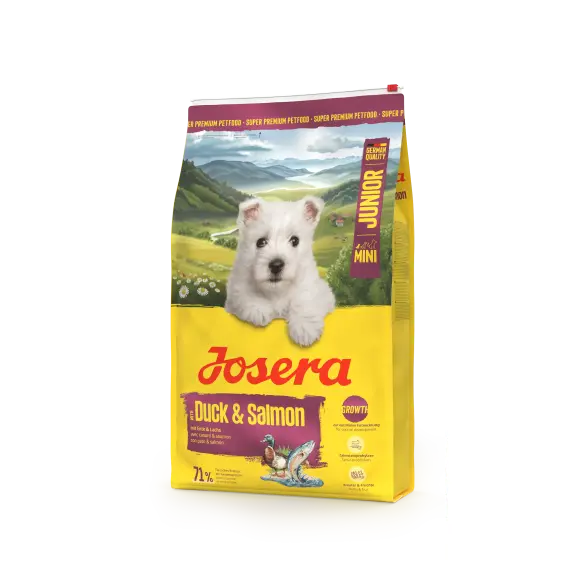 0,9кг Корм Josera Mini (Junior/Adult Mini 29/18) для щенков и взрослых собак мелких пород с Уткой и Лососем