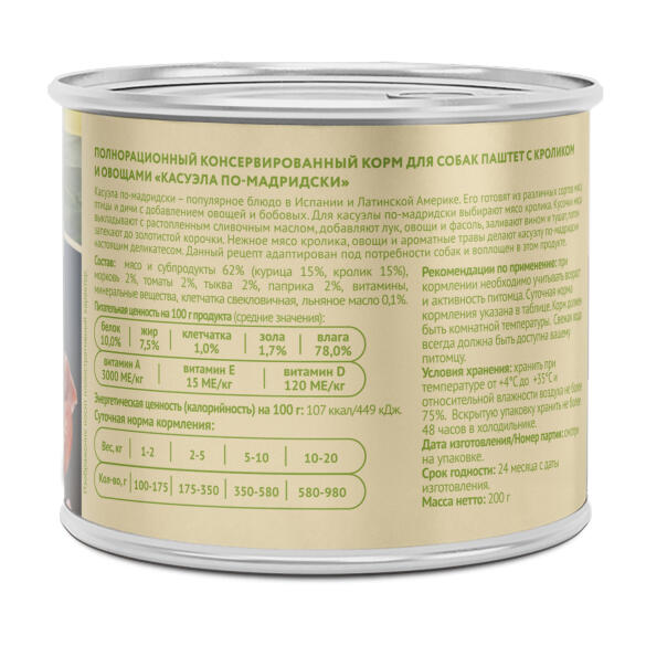 200г Влажный корм Мнямс для собак паштет из Кролика с овощами "Касуэла по-мадридски"