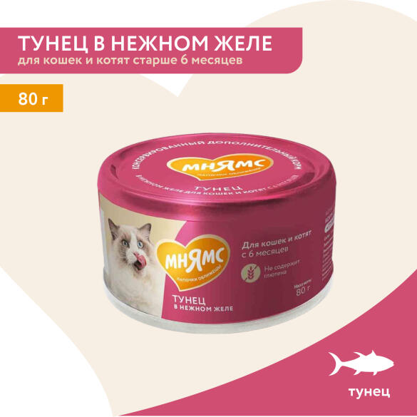 80г Влажный дополнительный корм Мнямс для кошек и котят старше 6 месяцев Тунец в нежном желе