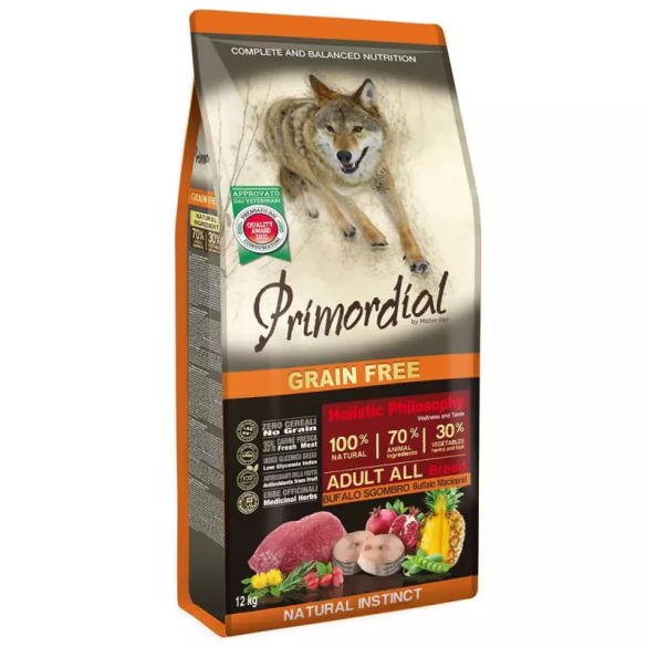 12кг Корм Primordial Dog Adult Buffalo & Mackerel беззерновой для взрослых собак всех пород с Буйволом и скумбрией