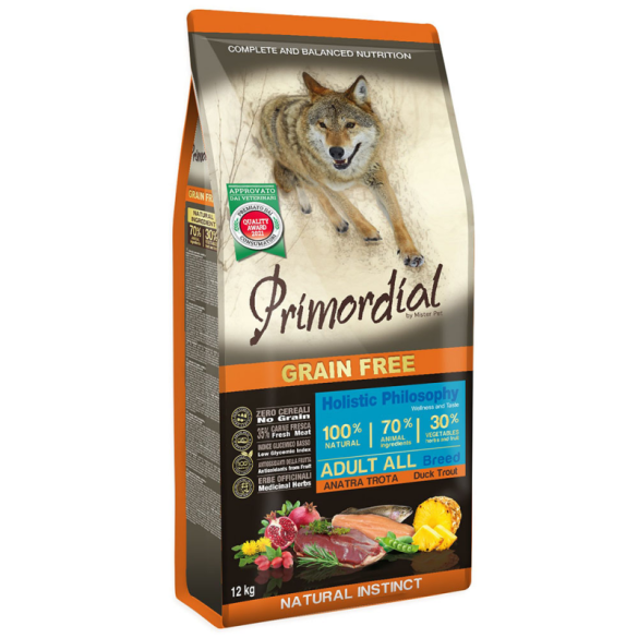 12кг Корм Primordial Dog Adult Trout & Duck беззерновой для взрослых собак всех пород с Форелью и уткой