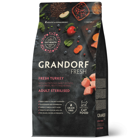 2кг Корм GRANDORF CAT Fresh Turkey&Sweet Potato Adult Sterilised беззерновой гипоаллергенный для взрослых стерилизованных кошек, Индейка с Бататом