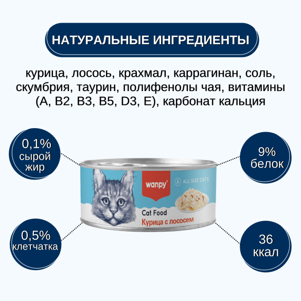 95г Консервы Wanpy Cat для кошек Курица с Лососем