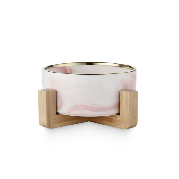 Миска керамическая Red Bow для животных на подставке Розовая мрамор/золото, 400мл