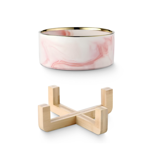 Миска керамическая Red Bow для животных на подставке Розовая мрамор/золото, 400мл