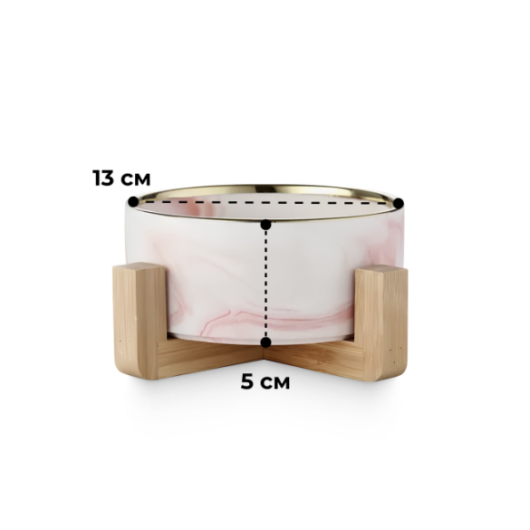 Миска керамическая Red Bow для животных на подставке Розовая мрамор/золото, 400мл