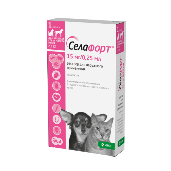 Капли на холку Селафорт KRKA от блох, клещей, глистов, а также при болезнях ушей и кожи для кошек и мелких собак до 2,5кг, 1шт*15мг/0,25мл