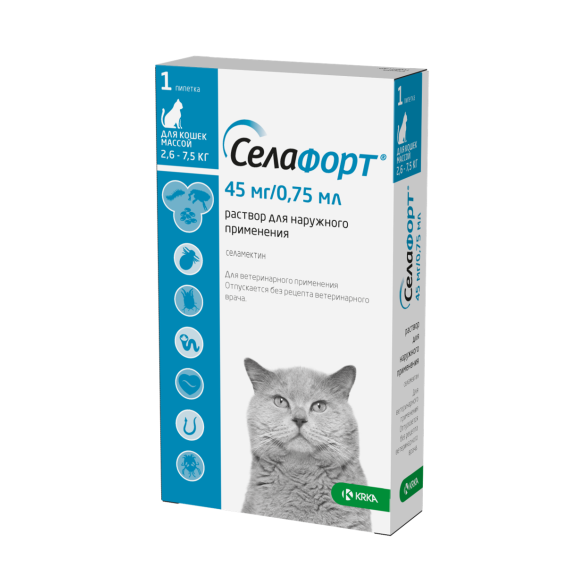 Капли на холку Селафорт KRKA от блох, клещей, глистов, а также при болезнях ушей и кожи для кошек 2,6-7,5кг, 1шт*45мг/0,75мл