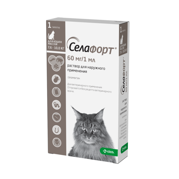 Капли на холку Селафорт KRKA от блох, клещей, глистов, а также при болезнях ушей и кожи для кошек 7,6-10кг, 1шт*60мг/1мл