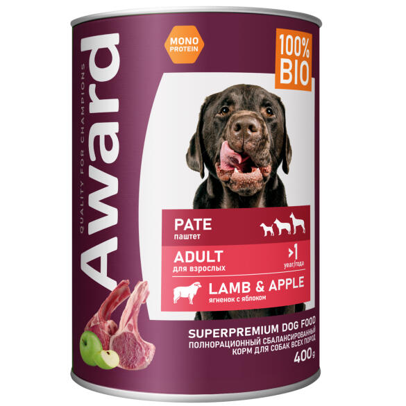 400г Консерва Award для взрослых собак паштет из Ягненка с яблоком (срок 16.06.2026)
