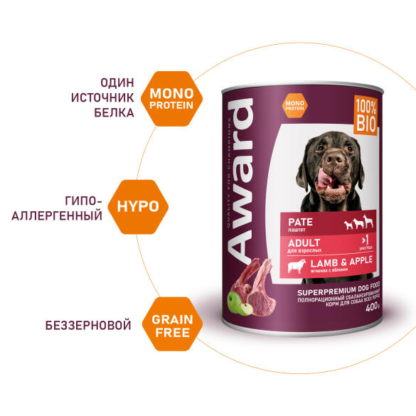 400г Консерва Award для взрослых собак паштет из Ягненка с яблоком (срок 16.06.2026)