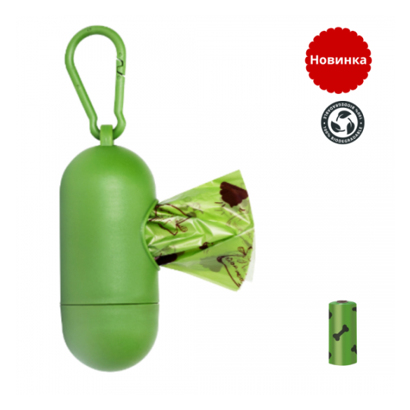 Диспенсер Potty Pot зелёный с биоразлагаемыми пакетами для выгула собак 1 рулон