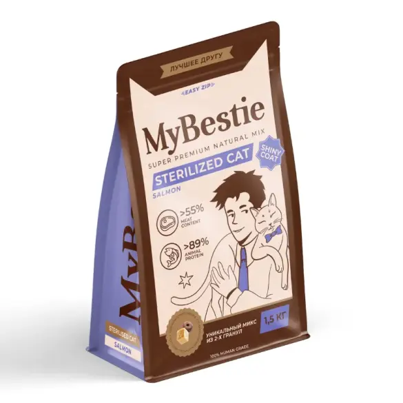 1,5кг Корм MyBestie Sterelized для стерилизованных кошек и кастрированных котов с Лососем