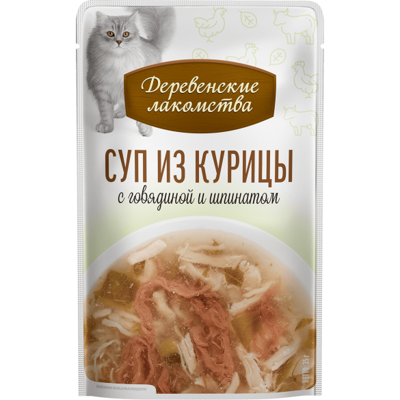 4*35г Лакомство "Деревенские лакомства" для кошек суп из Курицы с говядиной и шпинатом