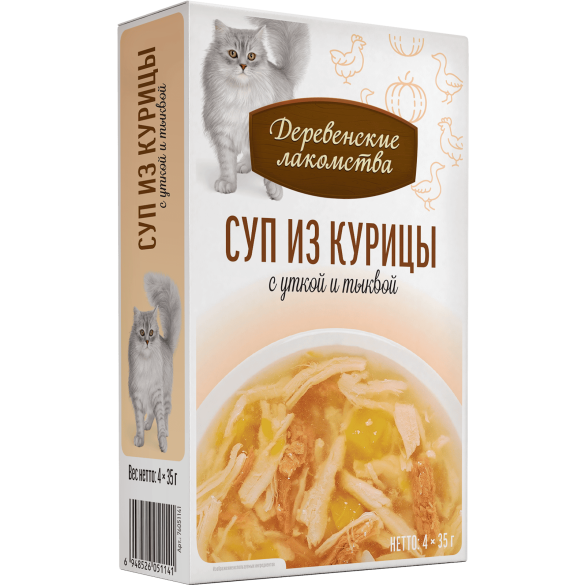 4*35г Лакомство "Деревенские лакомства" для кошек суп из Курицы с уткой и тыквой