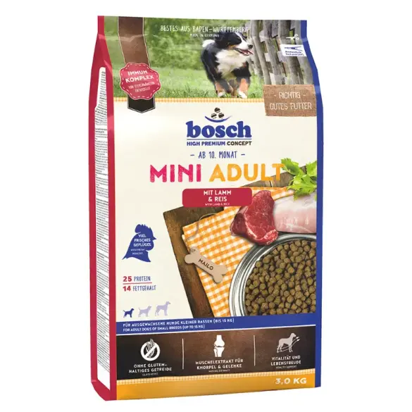 3кг Корм Bosch Mini Adult для взрослых собак мелких пород с Ягненком и рисом