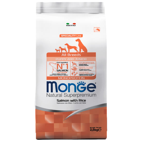 2,5кг Корм Monge Puppy&Junior SP Monoprotein Salmon/Rice для щенков всех пород с Лососем и рисом (дефект упаковки)