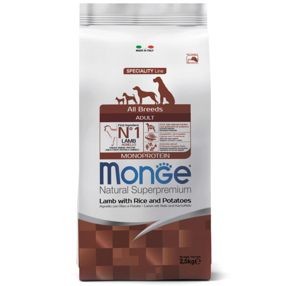 2,5кг Корм Monge Dog SP Monoprotein Adult Lamb/Rice для взрослых собак всех пород c Ягненком и рисом (дефект упаковки)