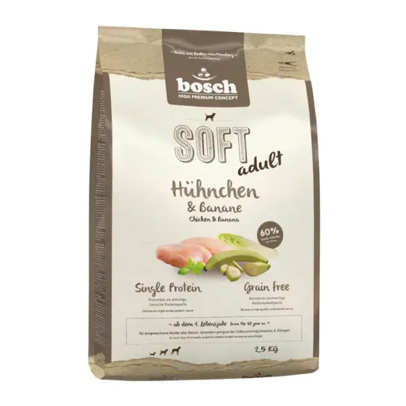 2,5кг Корм Bosch SOFT Holistic Adult полувлажный, монопротеиновый, беззерновой для взрослых собак всех пород с Курицей и бананом