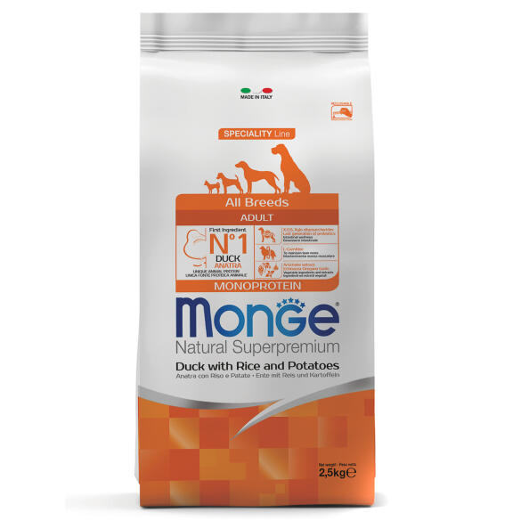 2,5кг Корм Monge Dog SP Monoprotein Adult Duck/Rice для взрослых собак всех пород с Уткой и рисом (дефект упаковки)