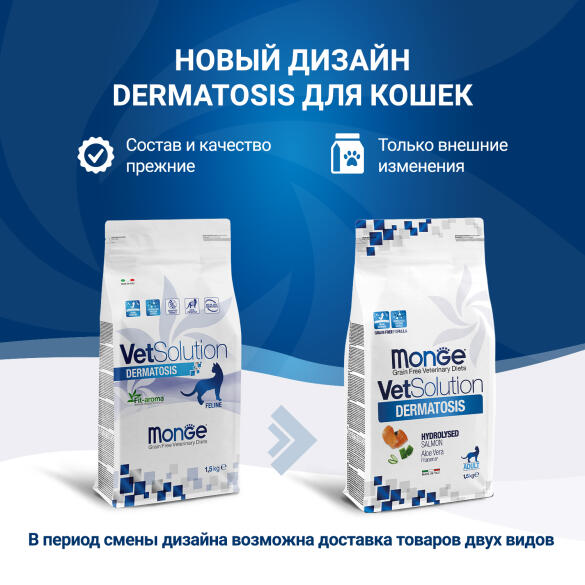 1,5кг Корм Monge VetSolution Cat Dermatosis Ветеринарная диета для кошек с заболеваниями кожи (дефект упаковки)