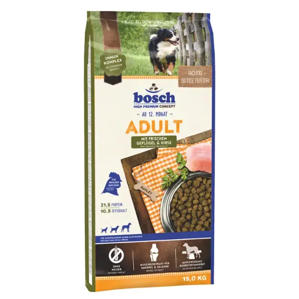15кг Корм Bosch Adult для взрослых собак всех пород с Птицей и просо