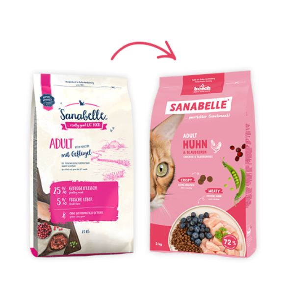 2кг Корм Bosch Sanabelle Adult Huhn & Blaubeeren Life для взрослых кошек с Курицей (дефект упаковки)