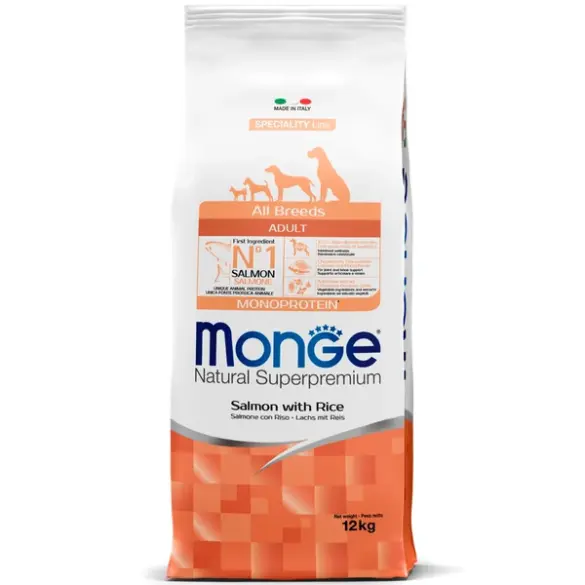 12кг Корм Monge Dog SP Monoprotein Adult Salmon/Rice для взрослых собак всех пород с Лососем и рисом (дефект упаковки)