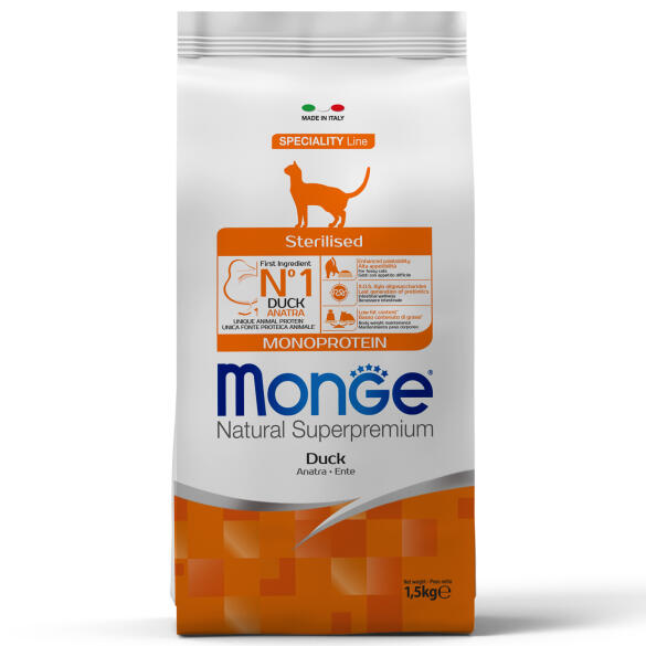1,5кг Корм Monge Cat Monoprotein Sterilized Duck для стерилизованных кошек с Уткой (дефект упаковки)