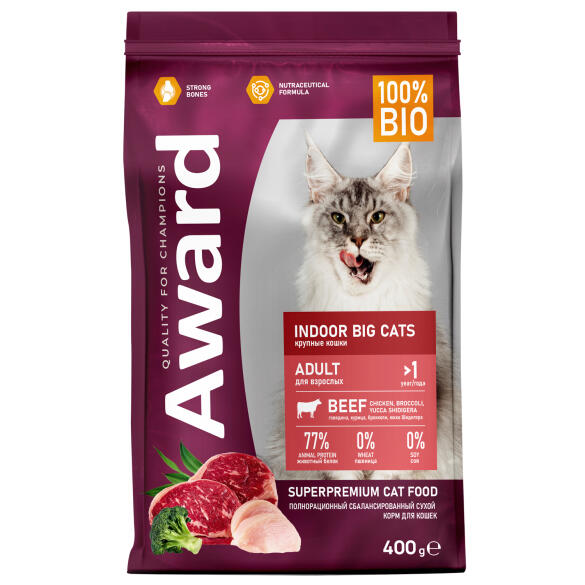 0,4кг Корм Award Indoor Big cats для взрослых домашних кошек крупных пород с Говядиной и Курицей с добавлением брокколи и юкки Шидигера (срок до 30.06.2026)