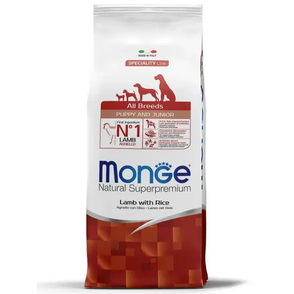 12кг Корм Monge Puppy&Junior SP Monoprotein Lamb/Rice для щенков всех пород c Ягненком и рисом