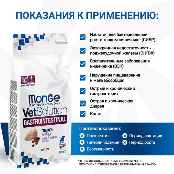 1,5кг Корм Monge VetSolution Puppy Gastrointestinal Ветеринарная диета для щенков с заболеваниями ЖКТ