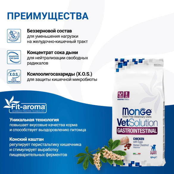 1,5кг Корм Monge VetSolution Puppy Gastrointestinal Ветеринарная диета для щенков с заболеваниями ЖКТ